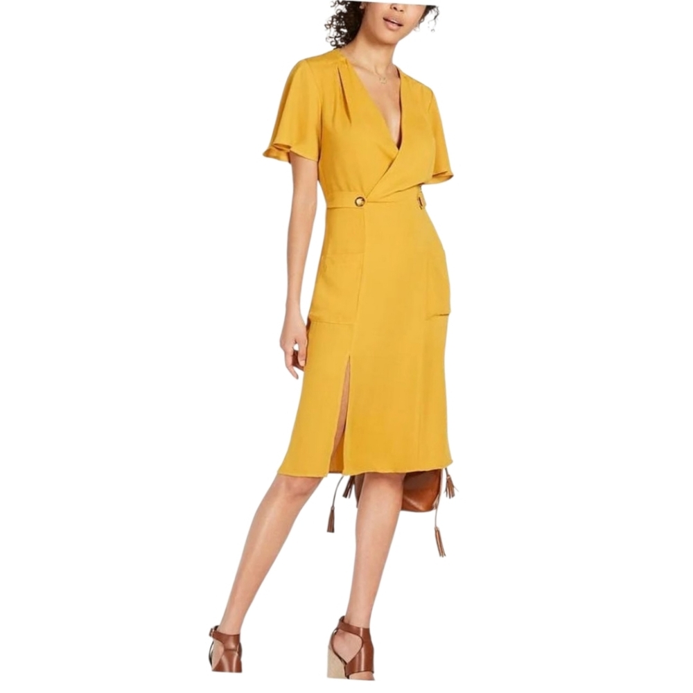 Monteau Fit & Flare Faux Wrap Ruffle Slvs Dress Gold Pockets Elastic Waist MED